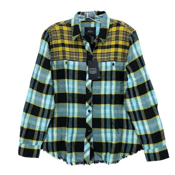 NWT RAILS Brando Shirt Sky Mixed Plaid Frayed Fringe Hem Rayon Cotton MEDIUM - Picture 1 of 8